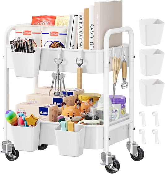 2 Tier Small Rolling Cart Metal with Wheels, White Under Desk Storage Cart on Wheels, Short Utility Roller Caddy Carts Organizer for Art,Craft,Pantry,Bathroom, Two Tiered Shelf Trolley, 22 Inches Tall
