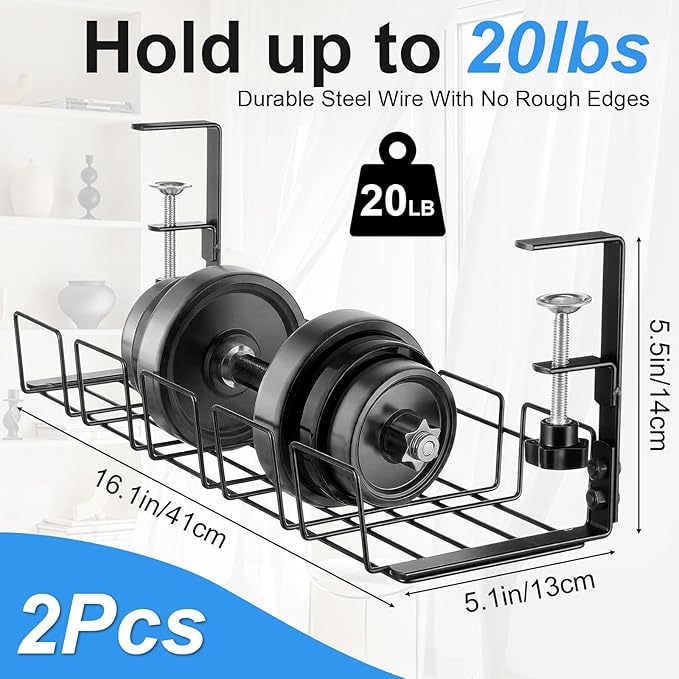 2 PCS Under Desk Cable Management Tray, L 15.7'' W 5.1'' No Drill Steel Desk Cable Organizers, Wire Management Tray
