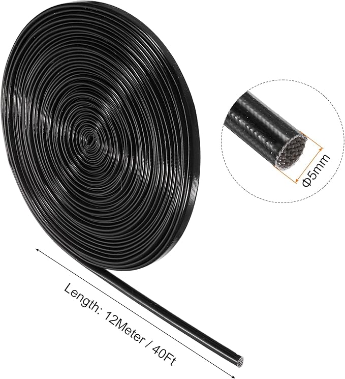 MECCANIXITY Insulation Braided Cable Sleeve,40 Ft-1/5 Inch ID Black, High Temp Silicone Fiberglass Sleeving for Cable Wrap, Automotive Wiring Protection