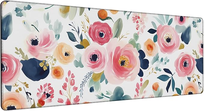 Large Gaming Mouse Pad Watercolor Floral Desk Mat,Non-Slip Rubber Base Stitched Edges,Extended Mousepad for PC,Laptop,Office,Home Decor(31.5 x 11.8 Inch)