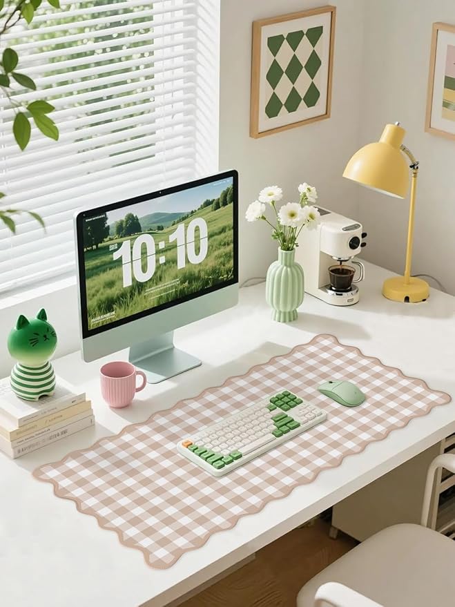 Scalloped‌ Checkered Desk Mat Cute Light Brown Gingham XXL Large Gaming Mouse Pad Farmhouse Cottagecore ‌Vintage‌ Keyboard Computer Mat Pad for Desktop Aesthetic Cozy Office Desk Decor