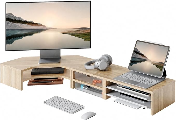 Fenge Dual Monitor Stand, 2-Tier Corner Monitor Riser with Drawer and Slide-out Tray, Triangle Desktop Shelf Organizer for Laptop Computer Printer Home Office Desk, Oak