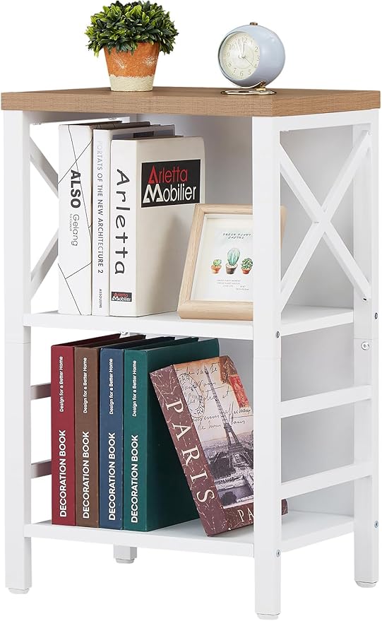 MNEETRUNG Small Bookshelf,3 Tier Industrial Bookcase with Metal Frame and Backboard,Low White Book Shelf,Book case for Small Spaces,Living Room,Bedroom and Home Office