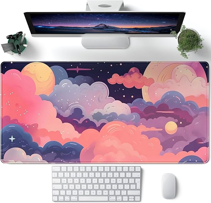 Cute Desk Mat Kawaii Clouds Pink Purple Desk Pad Anime XXL Large Mouse Pad Big Full Desk Gaming Mousepad Laptop Computer Keyboard Mouse Mat 31.5''X 15.7'' Cute Desk Decor Accessories