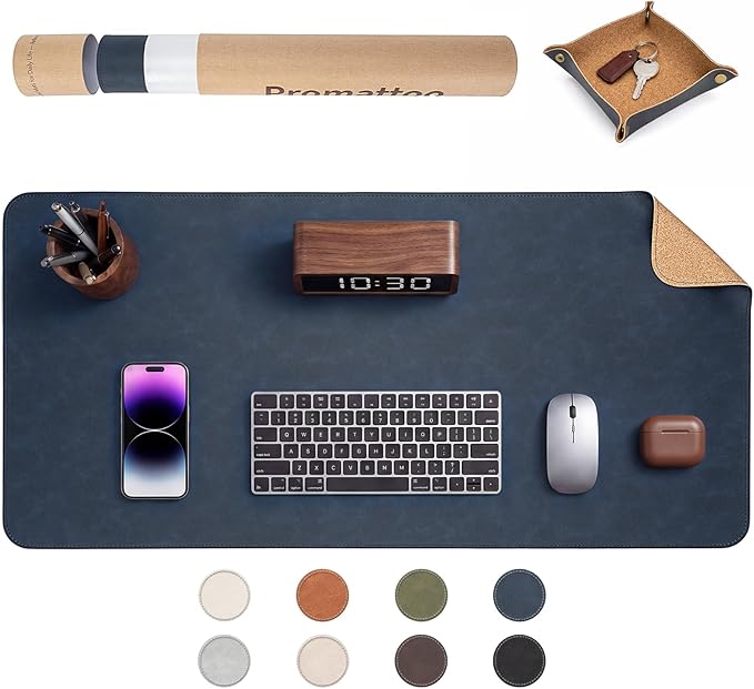 Premium Faux Leather Desk Mat & Tray Set，Innovative Cork-Look Printed Base，Gift Tube Packaging，Full-Desk Coverage，Non-Slip Desk Pad for Office Home（Navy Blue）