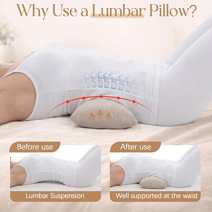 Weysat Buckwheat Lumbar Support Pillow for Bed Sleeping, Ergonomic Curved Neck Waist Pillow for Lower Back Pain Relief, Natural Sweet Buckwheat Hull Filling, Dual Cotton Zippered, 20.1” x 8.7” x 2”