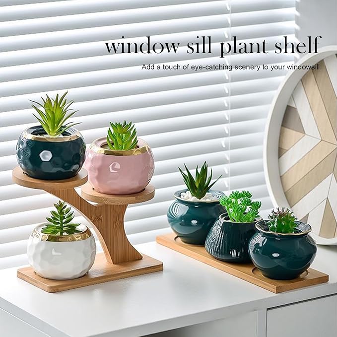 Bamboo Plant Stand Indoor 3 Tier Mini Succulent Window Shelf for Plants with Rectangular Bamboo Tray, Small Tabletop Flower Pot Holder for Home Office Windowsill Patio Garden Balcony.