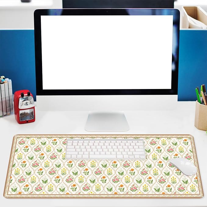 Floral Vintage Gaming Mouse Pad Cottage Floral Romantic Garden Large Gaming Mouse Mat with Stitched Edges,Non-Slip Waterproof Rubber Base Mous Mat 31.5x11.8 Inch