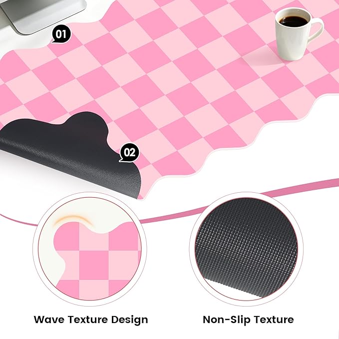 Scalloped Pink Desk Mat, 23.6" x 11.8" Waterproof Large Desk Mat, Non-Slip Computer Mouse Pad and Keyboard Mat, Pink Cute Desk Mat for Office, Work, Home, or Vanity