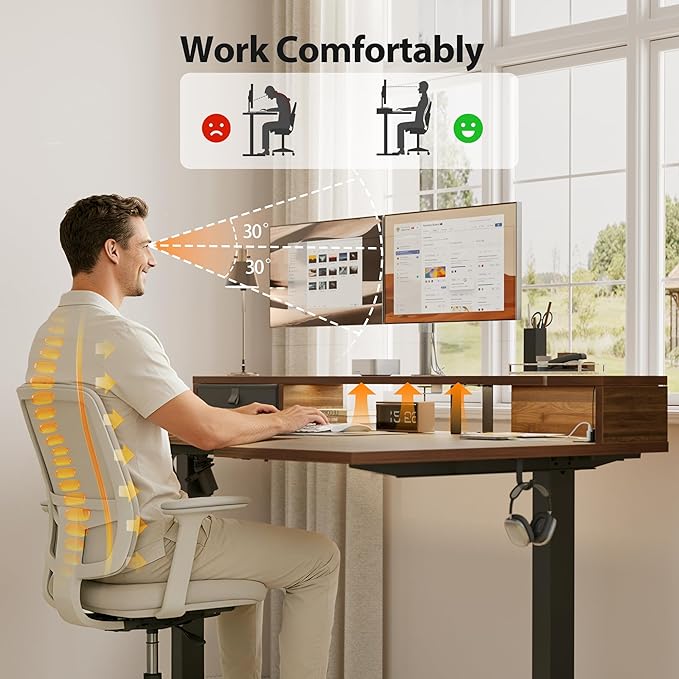 Agilestic 63 Inch L Shaped Electric Standing Desk with Shelf, Height Adjustable Large Desk with Power Outlets & LED, Corner Sit Stand Up Table with Monitor Stand, Computer Workstation, Dark Walnut