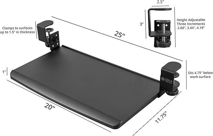Stand Up Desk Store Compact Clamp-On Retractable Adjustable Height Under Desk Keyboard Tray | for Desks Up to 1.5" (Small, 24.5" Wide)