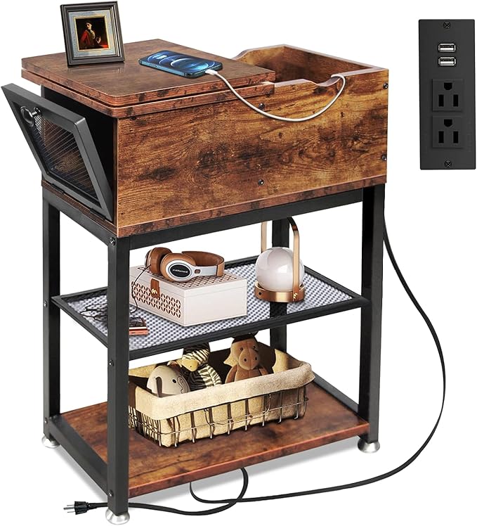 End Tables for Living Room, 28 inch Tall Side Table, End Tables with USB Ports and Outlets, 8.4" Super Deep Drawer, Flip Top End Table with Charging Station, Sturdy Steel X-Shaped Frame, Holds 216lbs