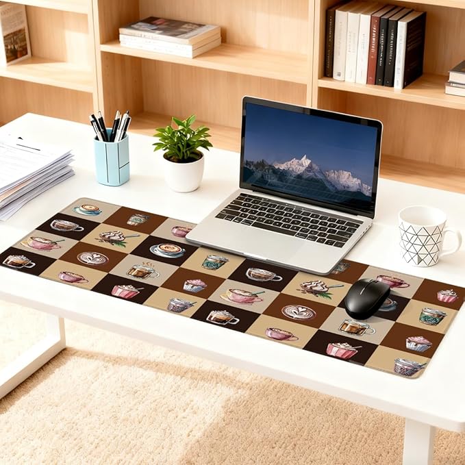 Large Mouse Pad Coffee Theme Brown Non-Slip Rubber Long Gaming Desk Mat Big Computer Keyboard Mousepad Waterproof Protector Wristing Pad for Gaming Office Home Decorative 31.5 X 11.8 Inch