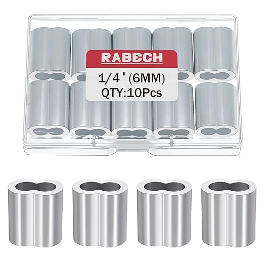 1/4 Inch Aluminum Crimping Loop Sleeve 1/4" 6MM Cable Ferrules Crimp Loops Sleeves for Wire Rope (Pack of 10Pcs)