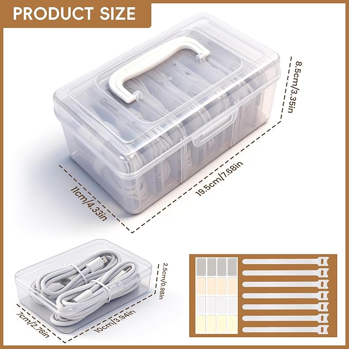 Portable Cord Organizer Box with Handle, 7 Clear Cable Storage Cases and Labels, Travel Cable Holder for Charging Cords, USB Wires, Earphones – Home Desk Drawer Organizer (Type A)