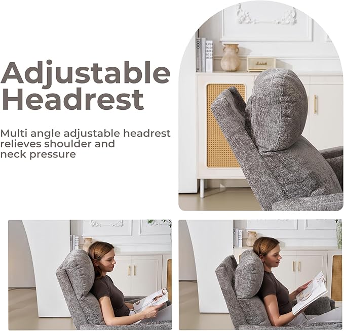 Oversized Swivel Rocker Recliner with Massage and Heat, Swivel Nursery Recliner With Adjustable Headrest, Manual Rocker Recliner Chair with Two Removable Pillows, Rocking Nursery Chair, Dark Grey