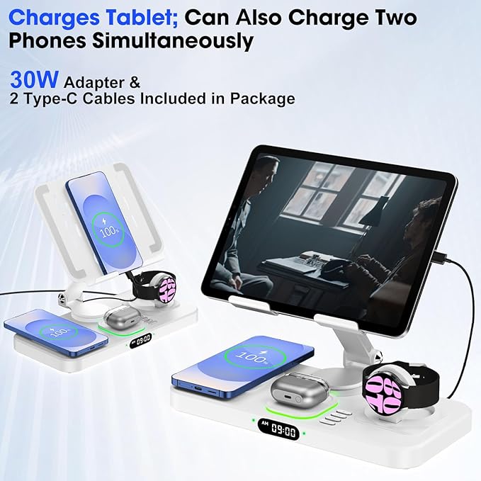 30W Tablet Wireless Charger for Samsung, Foldable Android Charging Station with Clock Display with 7-Color Light, Wireless Watch Charger for S25, Only Compatible Samsung Watch, Galaxy Buds3 Pro(White)