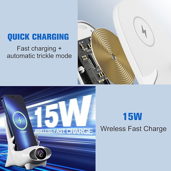 Mini Chair Wireless Fast Charger Multifunctional Phone Holder, Portable Mini Chair Wireless Charger, 3 in 1 Cell Phone Stand for Desk, Charging Desktop Cellphone Stand with Speaker Function (White)