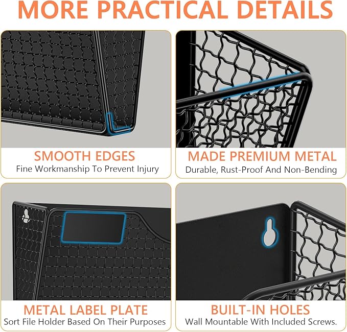 MFTEK Magnetic File Holder, 3 Pockets Magnetic File Folder Holder No Drilling Magnet Paper Mail Organizer Magazine Basket, Hanging Wall Storage Rack for Fridge Cabinets Office Classroom