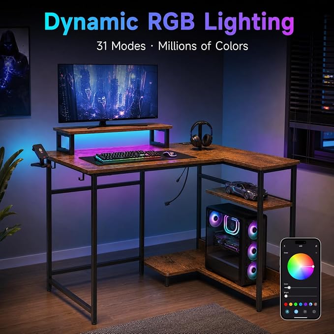 DEVAISE 47 Inch L Shaped Gaming Desk with LED Lights & Power Outlets, Corner Desk for Small Spaces, Sturdy PC Computer Table with Storage for Home Office, Rustic Brown