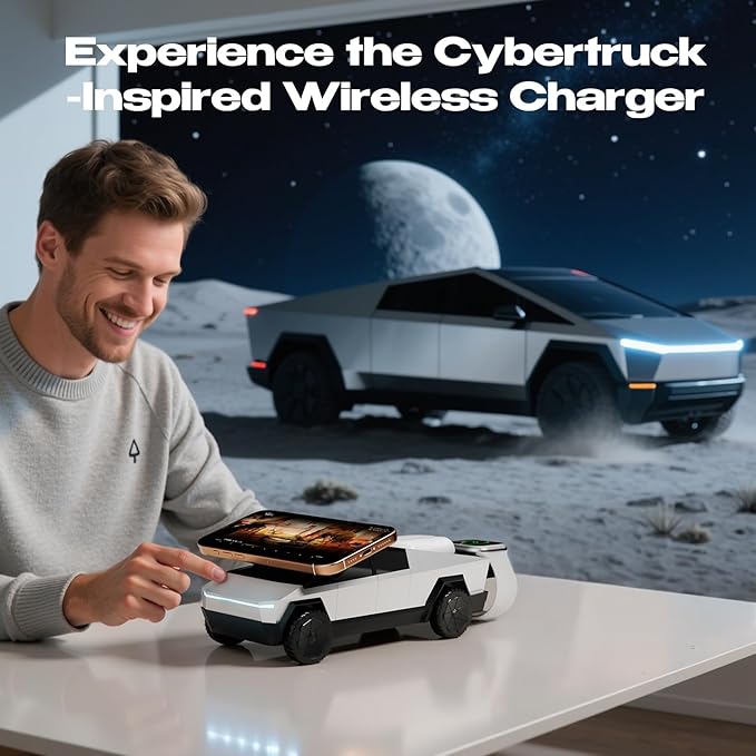CyberDock 3-in-1 Wireless Charging Station, Cybertruck 1:25 Scale Charger with Qi2 Certified 15W Charging for iPhone iWatch AirPods, Magnetic Rotating Charger with Ambient Light, 30W Adapter, Sliver