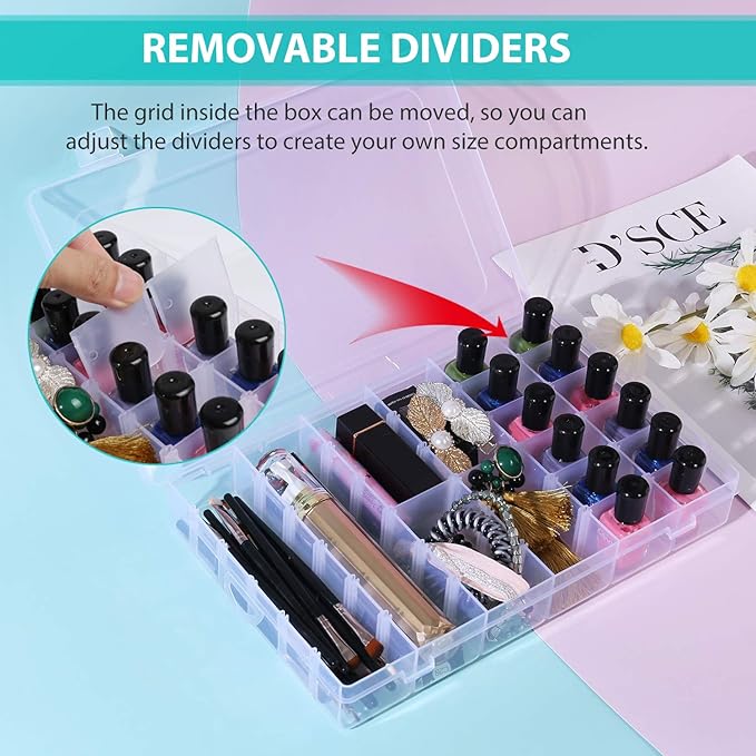 Umirokin Small Parts Organizer Box 2 Pack, 36 Grid Bead Organizer with Adjustable Dividers, Plastic Organizer Box for Screws, Jewelry Making, Craft Storage, Fishing Tackle, Clear Compartment Container