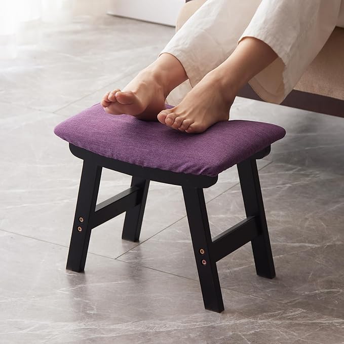 Kitsanery Foot Stool,Ottoman,Bamboo Small Sofa Foot Rest Under Desk,Extra Seating for Living Room, Bedroom and Kitchen (Black Stool Legs - Purple Surface)