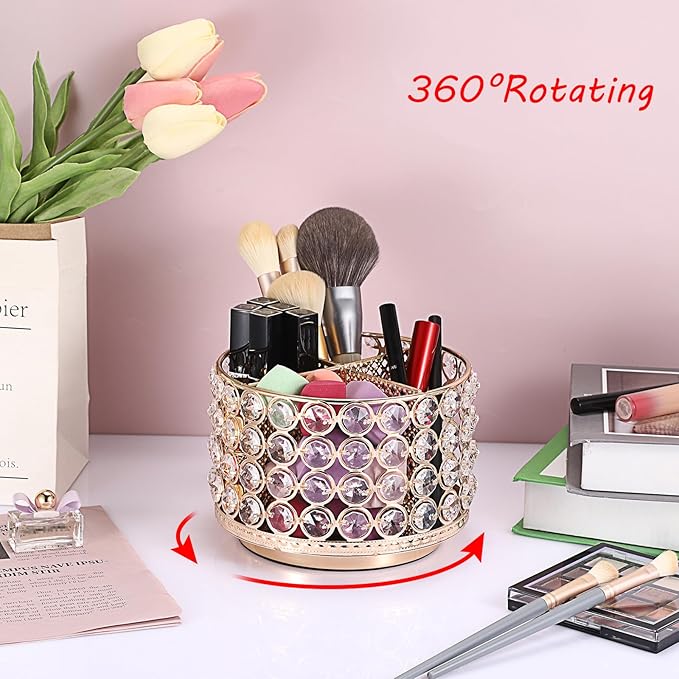 Hipiwe Crystal Vanity Organizer 360 Rotating Makeup Brush Holder Spinning Cosmetic Brushes Display Holder Gold Vanity Storage Holder Multi-Functional Desk Organizer for Eyebrow Pen Pencil, 4-Slot
