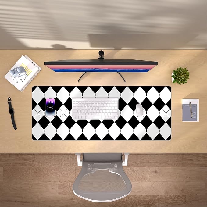 Checkered Desk Pad – PU Leather Desk Pad Protector, Non-Slip Office Desk Mat for Desk, Waterproof Desk Blotter Pad, Easy Clean Laptop Writing Mat for Work/Home/Decor (35.4" x 15.7", White Black)