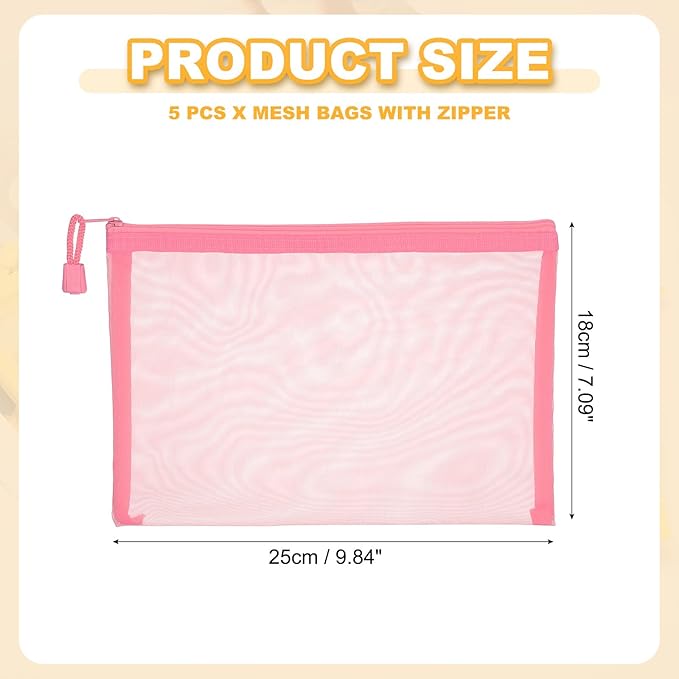 PATIKIL A5 Mesh Zipper Pouch Bags, 5 PCS Mesh Bags with Zipper Plastic Storage Pocket for Organizing File Beads Office Home Supplies, 18x25cm, Pink