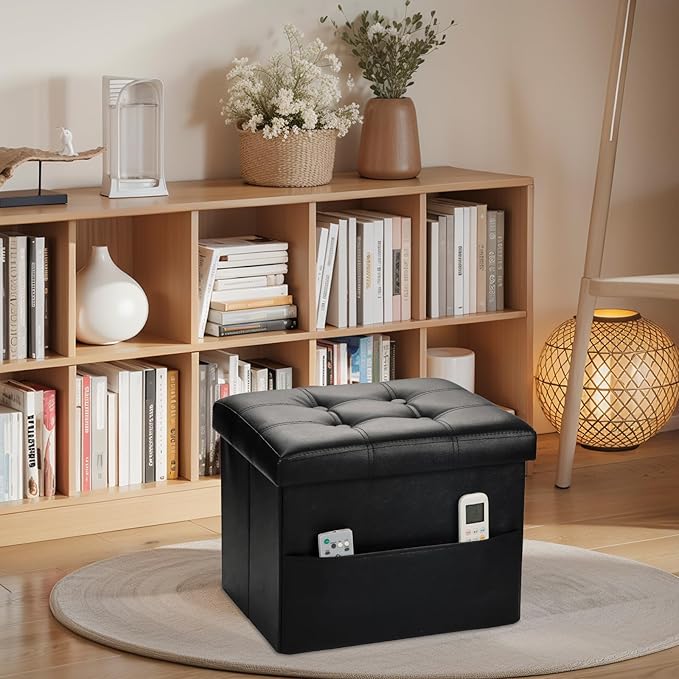 Bsketa Storage Ottoman Foot Rest Stool, Small Leather Storage Ottomans Bench, Folding Footstool with Side Pockets, Foot Rest Under Desk for Living Room Bedroom, 17x13x13 in, Black