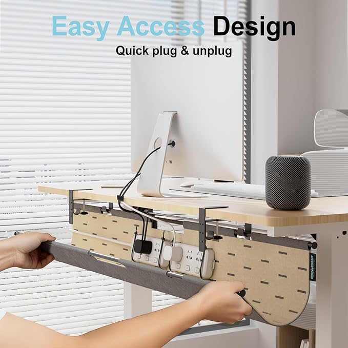 No Drill Under Desk Cable Management Tray, 45.2" Felt Cord Organizer for Table, Clamp/Screw Mount Wire Management with Privacy Panel for Standing Desk & Home Office (Gray/Khak)