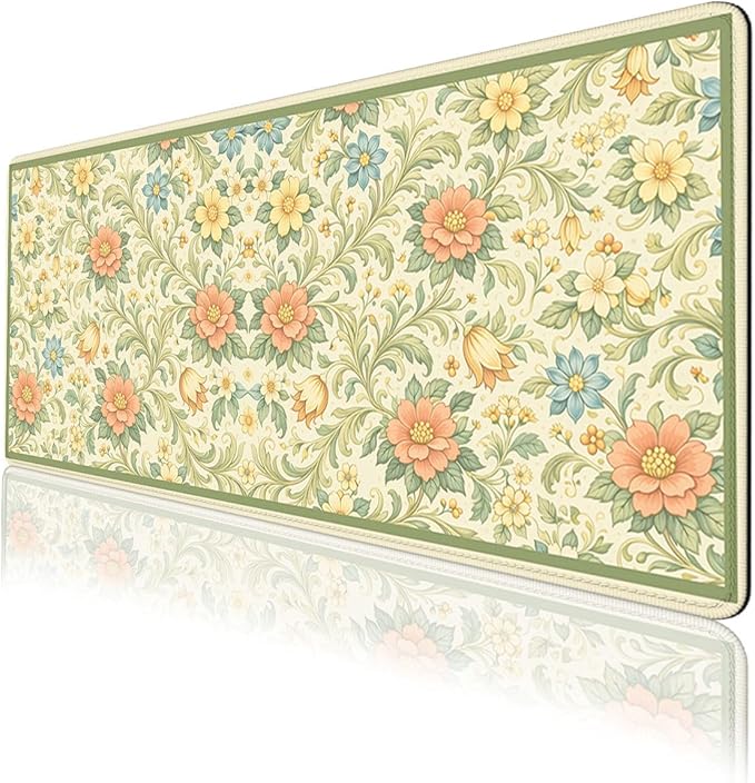 Vintage Floral Mouse Pad Green Botanical Cottage Garden Extended Mousepad Waterproof Stitched Edges Rubber Base Non-Slip Deskmap Computer Keyboard Mat 31.5x11.8 Inch