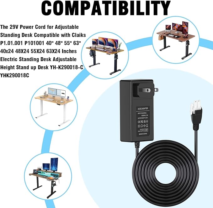 29V Power Cord for Adjustable Standing Desk Compatible with Claiks P1.01.001 P101001 40" 48" 55" 63" Electric Standing Desk Adjustable Height Stand up Desk YH-K290018-C Power Supply Cord Charger