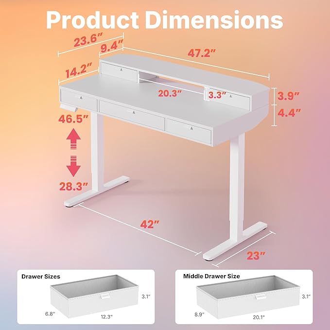 HUANUO 48 X 24 inch Electric Standing Desk with 4 Drawers, Adjustable Height Sit Stand Home Office Desk, C-Clamp Mount Compatible, Ergonomic Stand up Desk with 4 Preset Heights, White