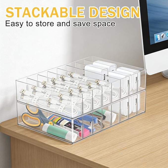 2Pcs Cable Charger Organizer Box with 16Pcs Wire Ties Large Plastic Cords Storage Organizer with Adjustable Compartments Electronics Organizer Stackable Cord Storage Box for Drawer Home Office, Clear