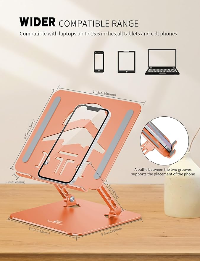 Laptop Stand, Ergonomic Adjustable Computer Stand for Collaborative Work, Foldable and Portable Heat Sink Computer Stands, Fits up to 16-inch Laptops (Orange)