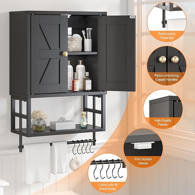 Farmhouse Medicine Cabinet - 3-Tier Wall Mounted Storage Organizer with Adjustable Shelves, Towel Bar, 5 Hooks for Small Bathroom, Laundry Room, Over Toilet, Living Room, Bedroom, Black