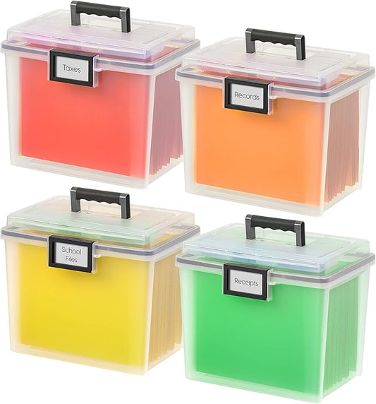 IRIS USA File Box WeatherPro Portable File Organizer Plastic File Box for Letter File w/Organizer-Lid, Durable Lid and Gasket Seal, Secure Latching Buckles, Stackable, Lockable, Clear 19 Qt. 4 Pack