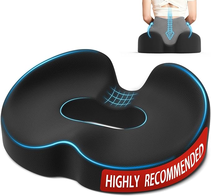 TushGuard Ergonomic Donut Pillow Seat Cushion with Raised Rear Support, Large Memory Foam Cushion for Tailbone, Hemorrhoids & Sciatica Relief, Office Chair, Car, Travel, Postpartum, Black