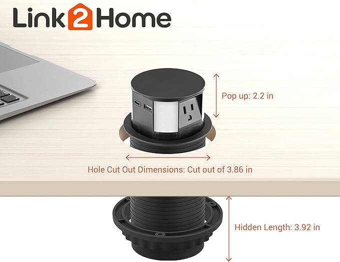 Link2Home Wireless Charging Pop Up Outlet with USB, Space Saver Retractable Power Station with 3 Outlets (15A), 2 USB A/C Ports (3.0A), Splash Resistant for Kitchen Island, Office Desk & Workshop