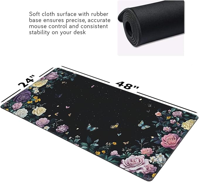 Gaming & Office Mouse Pad - 48"x 24" Extended 3XL Desk Mat with Stitched Edges, Non-Slip Rubber Base, Giant Computer Mousepad for Laptop, Keyboard, PC - Flower Pattern Desk Protector