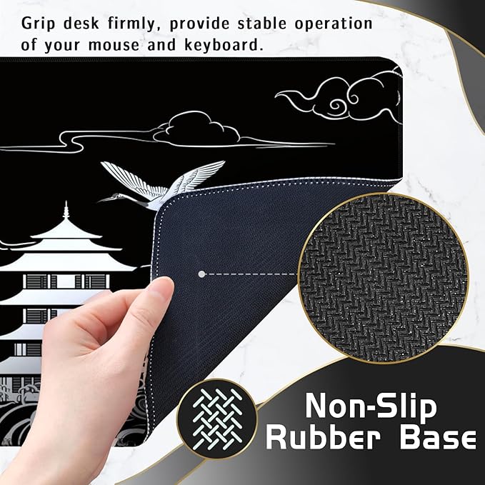 Japanese Dragon Large Gaming Mouse Pad, Black Mouse Pad Gaming 31.5 x 11.8 in, Large Desk Mat, Keyboard Mousepad with Non-Slip Base Stitched Edge for Desk Home Office