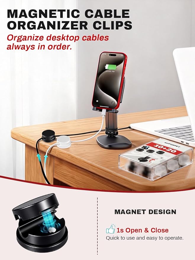 10Pack Magnetic Rotatable Cord Holder with Box, 360°Rotating Clips Cable Organizer for Nightstand, with No-Residue Strong Adhesive for Desk, Phone Cord for Home, Office, Car, Travel Accessories