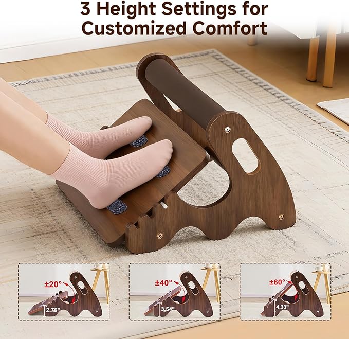 Wood Foot Rest for Under Desk at Work,Adjustable Rocking Foot Stool with 3 Height Positions,Soft Crossbar & Anti-Slip Surface, Ergonomic Wooden Footrest for Improved Posture, Home & Office
