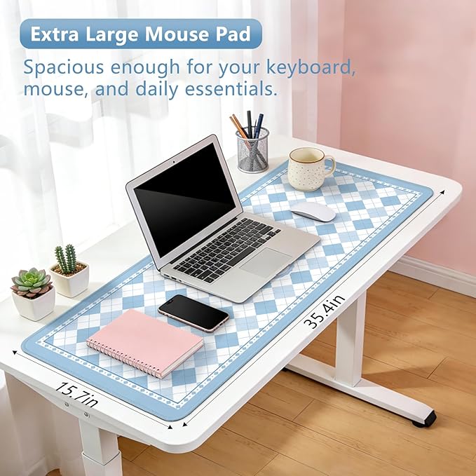Aesthetic Floral Mouse Pad Large 35.4×15.7 Checkered Blue Desk Mat for Women, Non-Slip Water-Resistant Keyboard Pad for Home Office Gaming