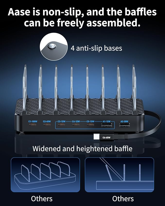288W Multi Usb Charging Station, 8-Port charging station for multiple devices with Adjustable Dividers & 10 Cables,Multi-Purpose Desktop and wall Fast Charger, for iPhone, iPad, Android,Tablets & More