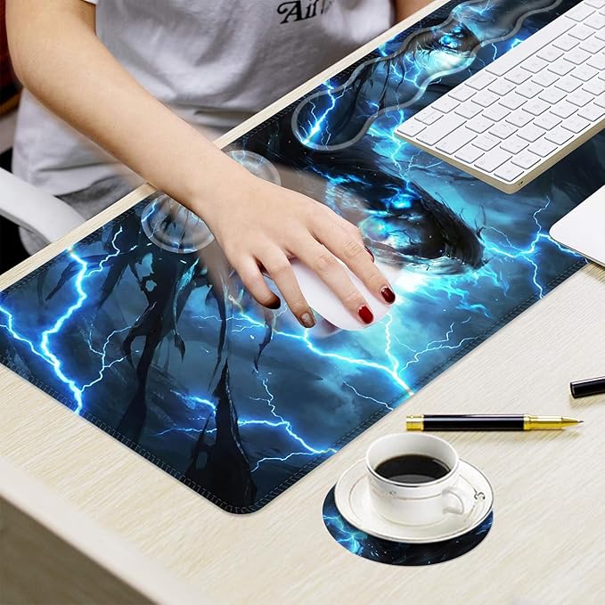 Ergonomic Mouse Pad Set with Wrist Support for Keyboard and Wrist Rest for Mouse, Memory Foam Comfort, Non-Slip Large Desk Mat for Home Office Pain Relief,Blue Glow Skull