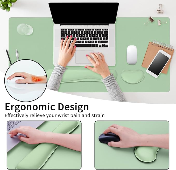 Desk Mat Set， Wrist Rest for Computer Keyboard, 3-in-1 Large Mouse Pad and Keyboard Wrist Rest Set, Non-Slip Desk Mat Protector for Office, Home(27.5×13.8 Inches, Lake Green)
