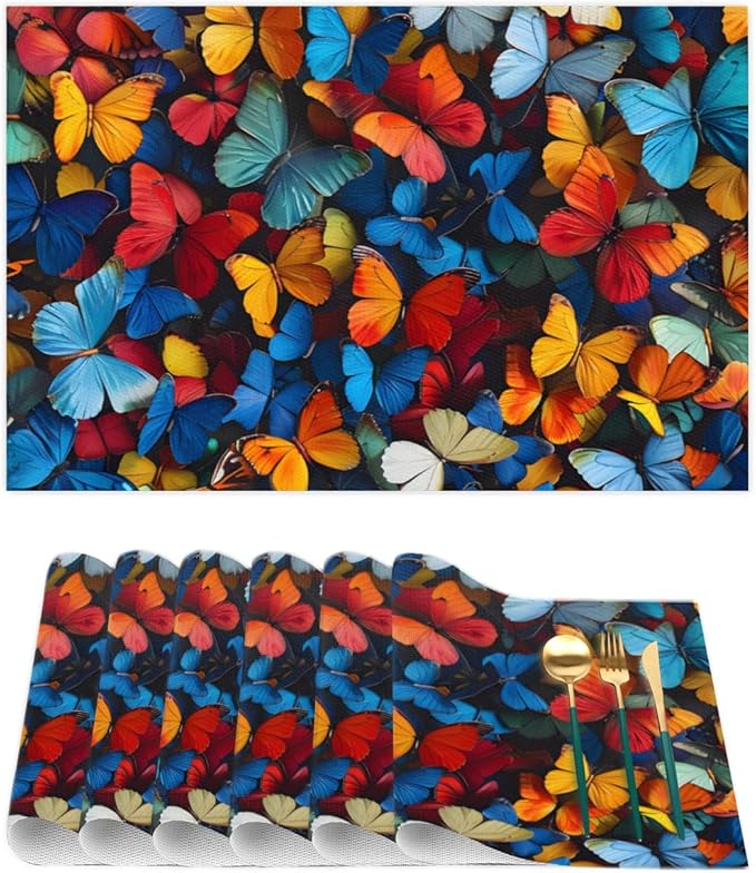 Placemats Set of 4 Heat-Resistant Rectangle Place Mats Vintage Art Butterfly Washable Plastic PVC Dining Table Mat Non-Slip Wipeable Woven Vinyl Placemat for Kitchen Patio Table Decor